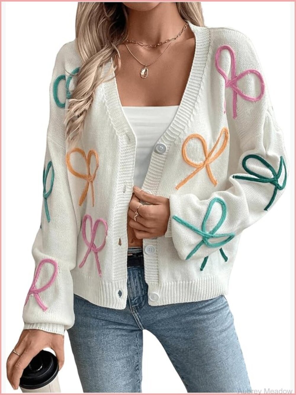 Cute Bow Cardigan Button Down V Neck Long Sleeve Drop Shoulder Knit Sweater